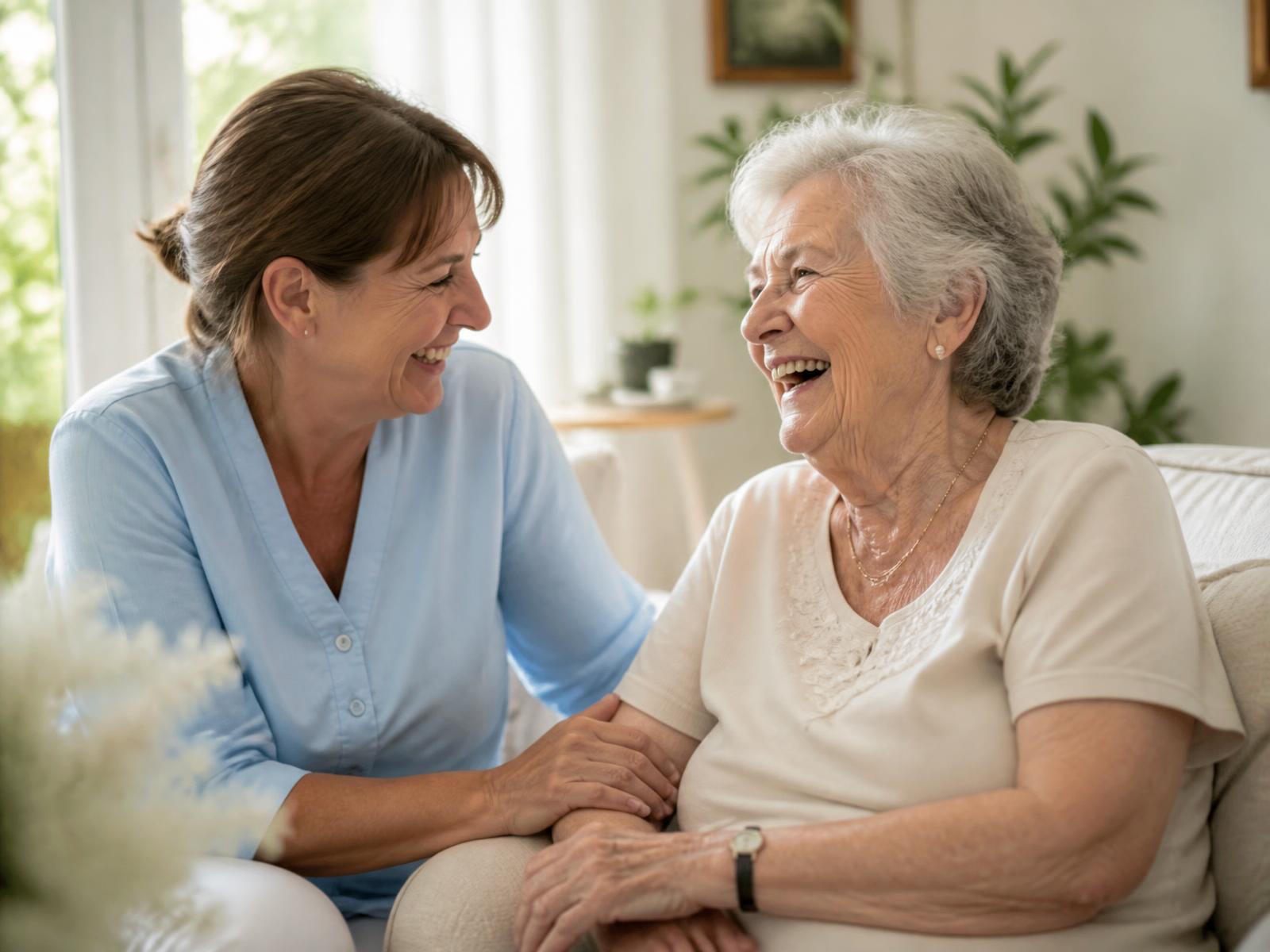 Caregiver and senior woman talking warmly in a bright living room in London, Ontario