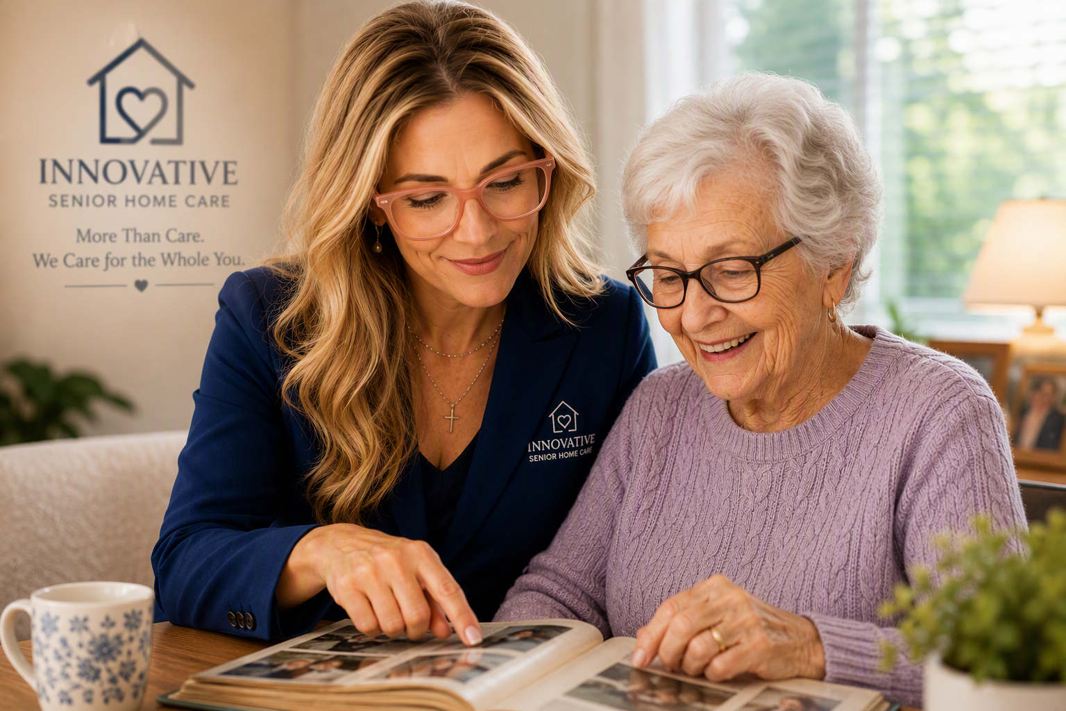 A caregiver and a senior woman looking through a photo album together at home