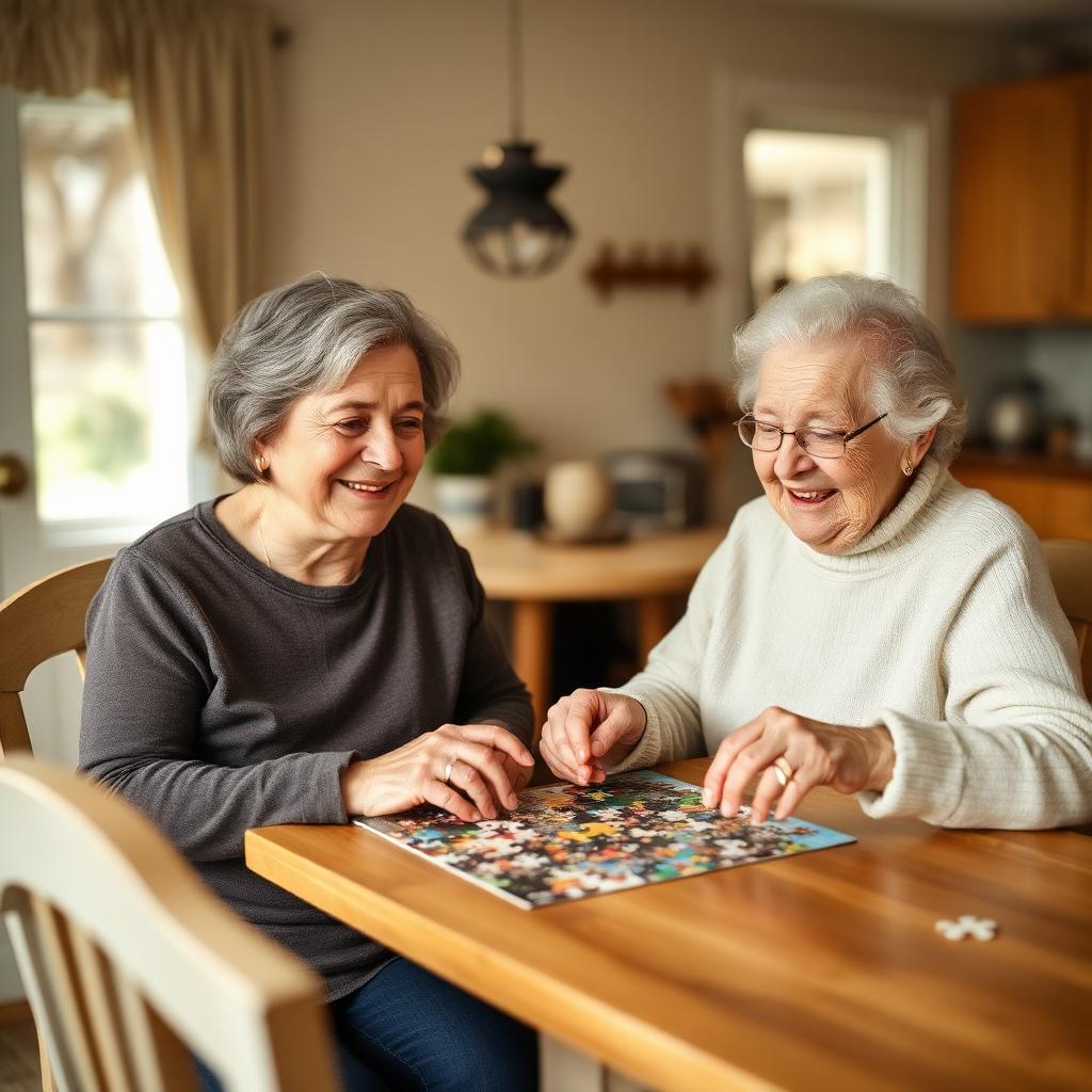 Adult daughter and her mother looking through a photo album together on a sofa